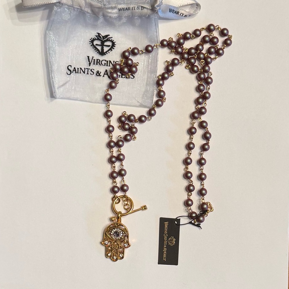 VSA Delfina Necklace Iridescent Red/Purple Pearls w Gold Hamsa Medallion